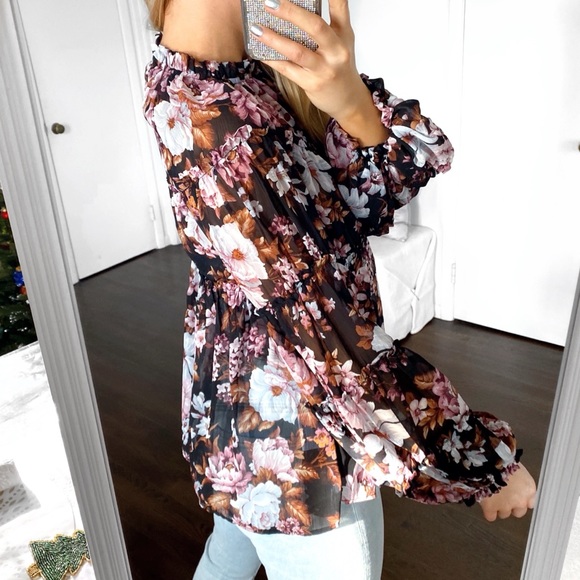 🍂 O.P.T ANTHROPOLOGY BOHO FLORAL 2-in-1 BLACK RUST RUFFLE BAGGY LONG SLEEVE TOP - Picture 5 of 16